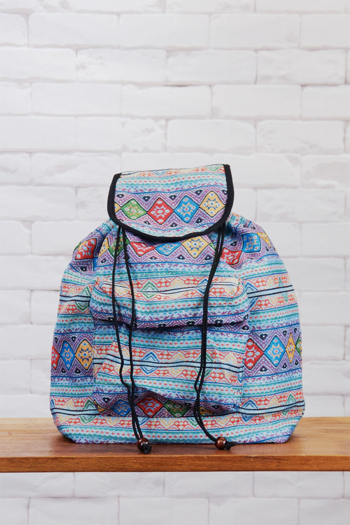 Woven Backpack | Snap Closure - backpack, blue, book bag, day bag, day pack, ethnic, everyday, grey, PATTERN, peach, red, regular backpack, unisex, woven - Wander Emporium