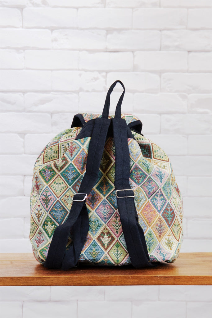 Woven Backpack | Snap Closure - backpack, book bag, day bag, day pack, ethnic, everyday, green, multicolour, PATTERN, regular backpack, unisex, woven - Wander Emporium