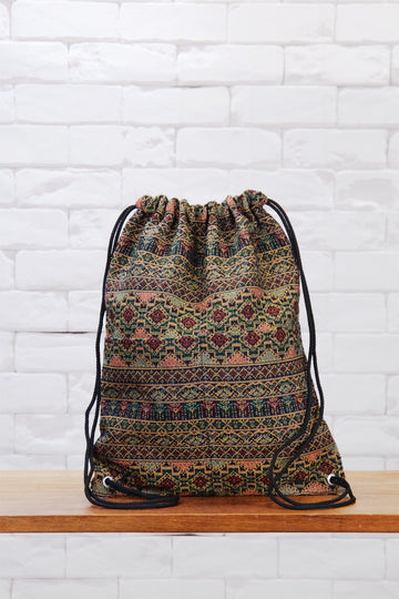 Woven Drawstring Backpack - backpack, black, book bag, day bag, day pack, drawstring, ethnic, everyday, gold, orange, PATTERN, red, regular backpack, unisex, vintage, woven - Wander Emporium