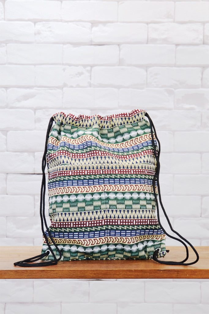 Woven Drawstring Backpack - backpack, black, book bag, day bag, day pack, drawstring, ethnic, everyday, green, orange, PATTERN, red, regular backpack, unisex, vintage, white, woven - Wander Emporium