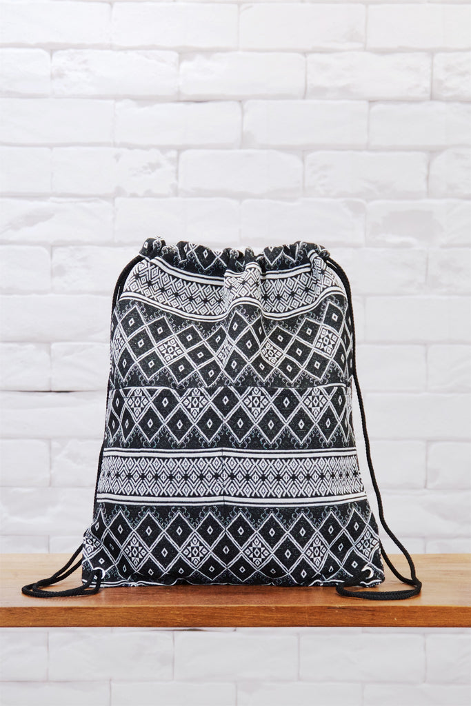 Woven Drawstring Backpack - backpack, black, book bag, day bag, day pack, drawstring, ethnic, everyday, PATTERN, regular backpack, unisex, vintage, white, woven - Wander Emporium