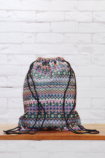 Woven Drawstring Backpack - backpack, black, blue, book bag, day bag, day pack, drawstring, ethnic, everyday, orange, PATTERN, pink, regular backpack, unisex, vintage, woven - Wander Emporium