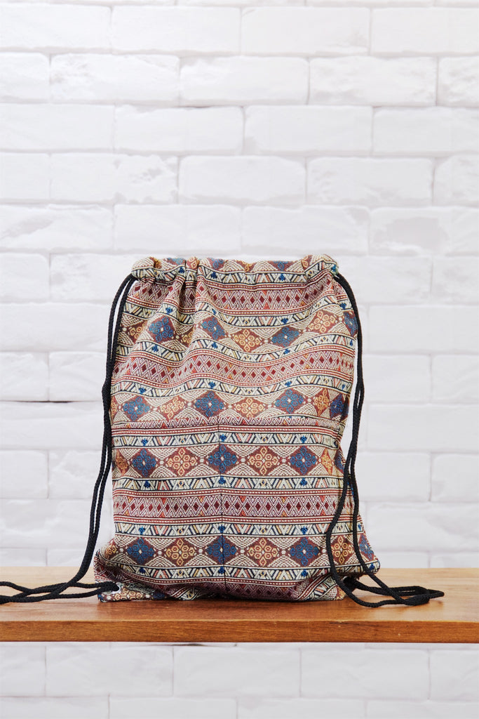 Woven Drawstring Backpack - backpack, black, blue, book bag, brown, day bag, day pack, drawstring, ethnic, everyday, orange, PATTERN, regular backpack, unisex, vintage, woven - Wander Emporium