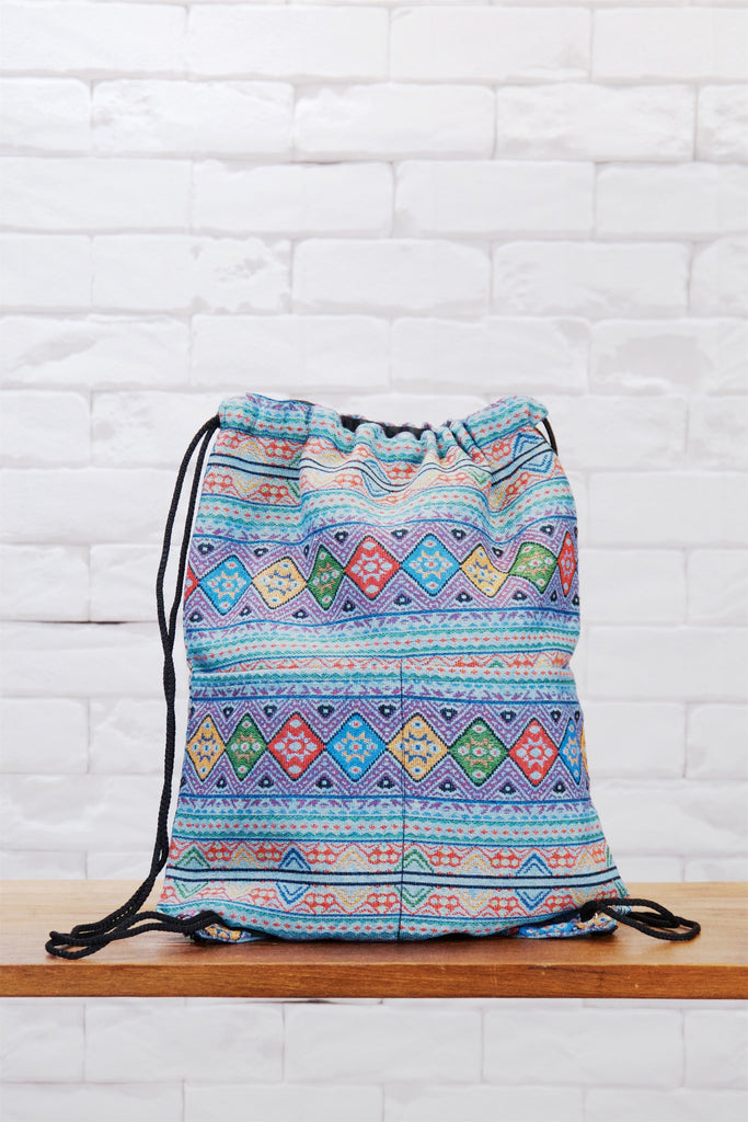 Woven Drawstring Backpack - backpack, black, blue, book bag, day bag, day pack, drawstring, ethnic, everyday, PATTERN, regular backpack, unisex, vintage, woven - Wander Emporium