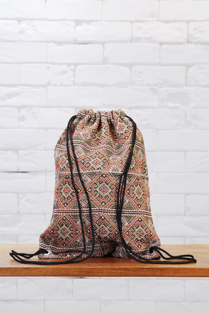 Woven Drawstring Backpack - backpack, black, book bag, day bag, day pack, drawstring, ethnic, everyday, orange, PATTERN, red, regular backpack, unisex, vintage, woven - Wander Emporium