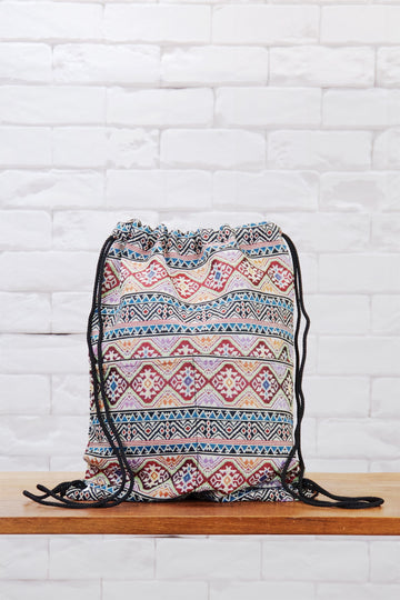 Woven Drawstring Backpack - backpack, black, book bag, day bag, day pack, drawstring, ethnic, everyday, orange, PATTERN, red, regular backpack, turquoise, unisex, vintage, woven - Wander Emporium