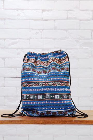 Woven Drawstring Backpack - backpack, black, blue, book bag, day bag, day pack, drawstring, ethnic, everyday, orange, PATTERN, red, regular backpack, turquoise, unisex, vintage, woven - Wander Emporium