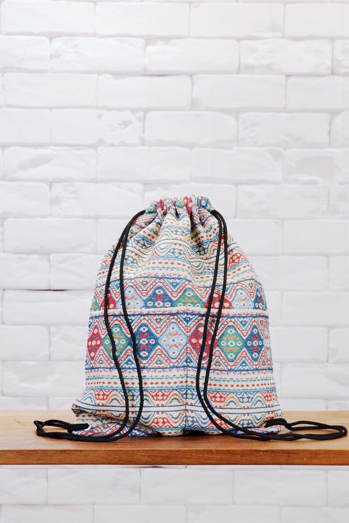 Woven Drawstring Backpack - backpack, book bag, day bag, day pack, drawstring, ethnic, everyday, orange, PATTERN, regular backpack, unisex, vintage, woven - Wander Emporium