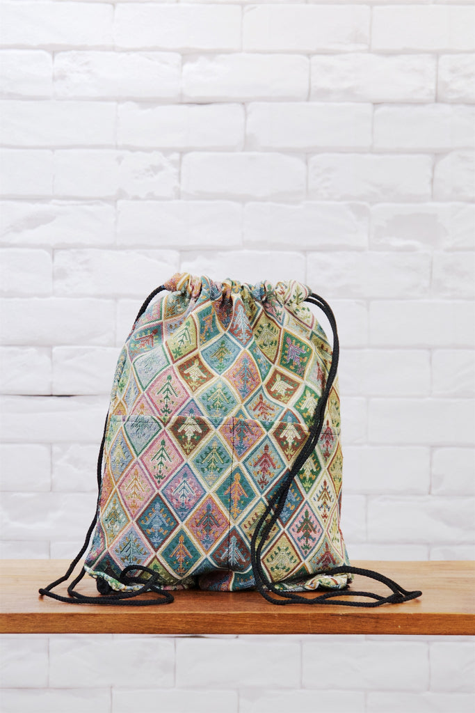 Woven Drawstring Backpack - backpack, black, book bag, day bag, day pack, drawstring, ethnic, everyday, orange, PATTERN, regular backpack, unisex, vintage, woven - Wander Emporium