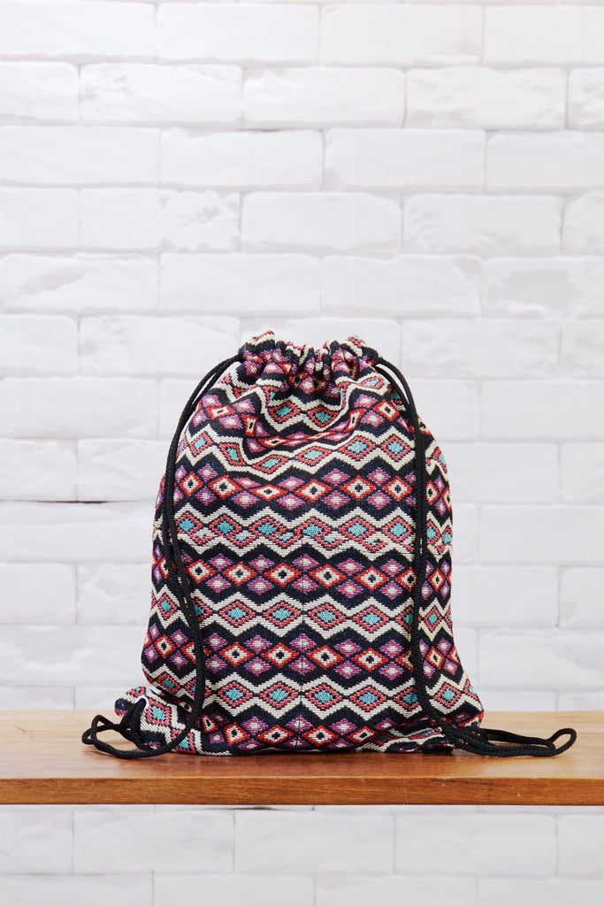 Woven Drawstring Backpack - backpack, black, book bag, day bag, day pack, drawstring, ethnic, everyday, orange, PATTERN, pink, regular backpack, unisex, vintage, woven - Wander Emporium
