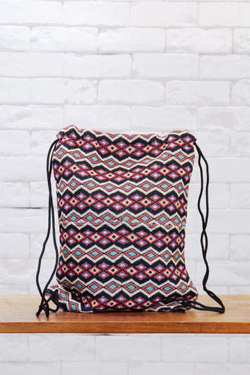 Woven Drawstring Backpack - backpack, black, book bag, day bag, day pack, drawstring, ethnic, everyday, orange, PATTERN, pink, regular backpack, unisex, vintage, woven - Wander Emporium