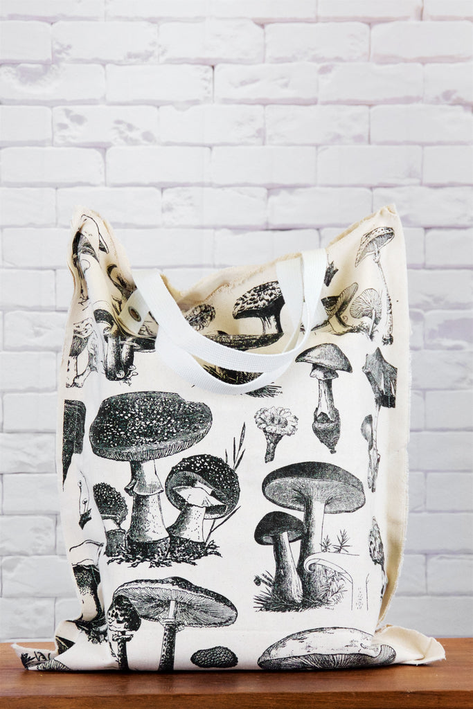 XL Tote Bag | Mushroom - animal, bag, beach bag, black and white, canvas, canvas tote, drawing, forage, forest, hand printed, Large, laundry bag, morel, mushroom, mushrooms, nature, porcini, Shopper, Tote, tote bag, travel, wild, XL tote - Wander Emporium