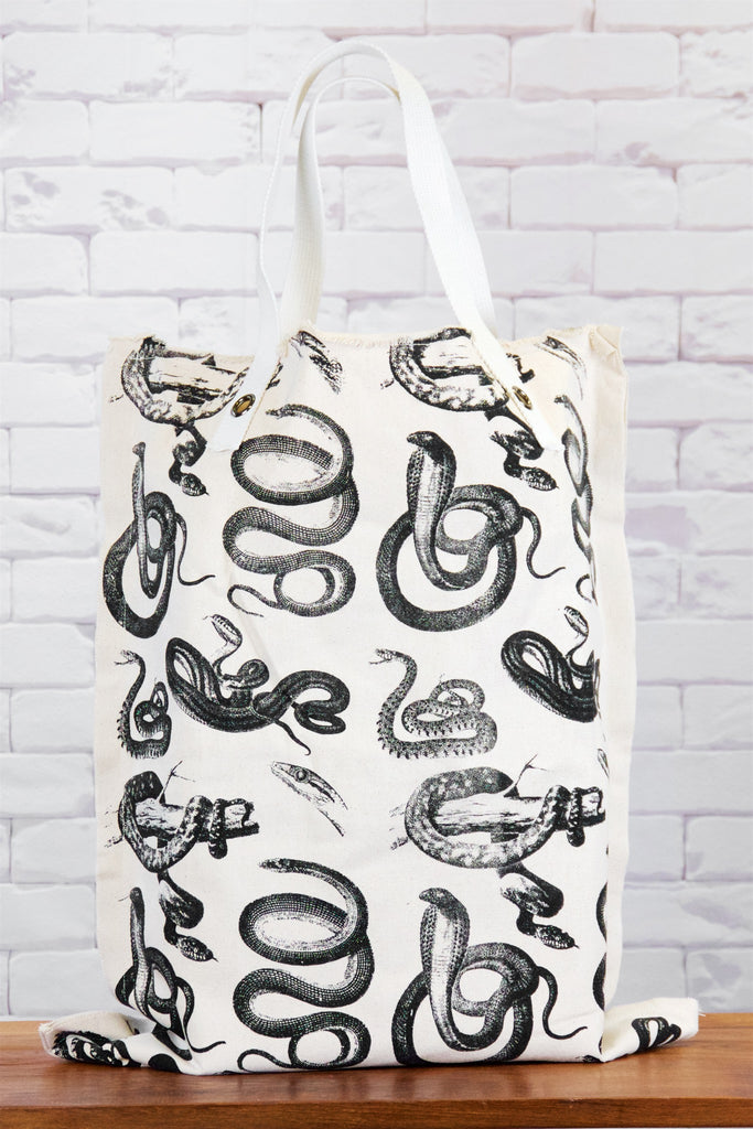 XL Tote Bag | Snakes - bag, beach bag, black and white, canvas, canvas tote, drawing, hand printed, Large, laundry bag, rattlesnake, Shopper, snake, snakes, Tote, tote bag, travel, XL tote - Wander Emporium