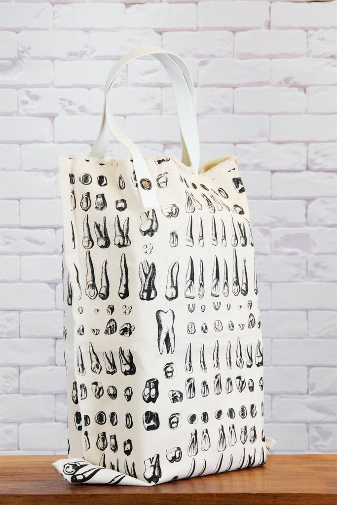 XL Tote Bag | Teeth - bag, beach bag, black and white, canvas, canvas tote, drawing, hand printed, Large, laundry bag, Shopper, teeth, Tote, tote bag, travel, XL tote - Wander Emporium