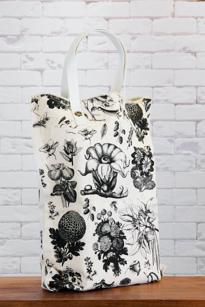 XL Tote Bag | Wild Blooms - bag, beach bag, black and white, blooms, canvas, canvas tote, drawing, hand printed, Large, laundry bag, Shopper, Tote, tote bag, travel, wild, wild flowers, wild tropics, XL tote - Wander Emporium