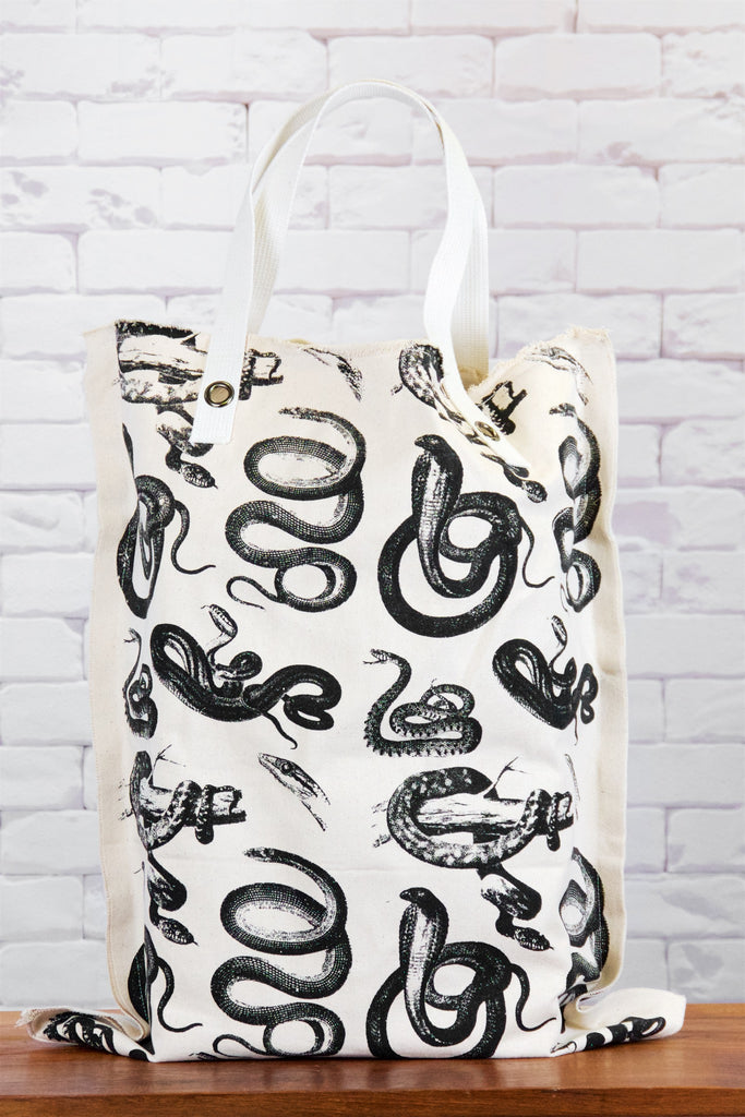 XL Tote Bag | Snakes - bag, beach bag, black and white, canvas, canvas tote, drawing, hand printed, Large, laundry bag, rattlesnake, Shopper, snake, snakes, Tote, tote bag, travel, XL tote - Wander Emporium