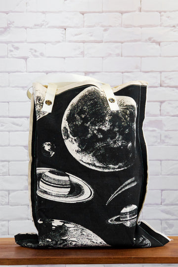 XL Tote Bag | Planets - bag, beach bag, black and white, canvas, canvas tote, drawing, galaxy, hand printed, Large, laundry bag, outer space, PLANET, planets, Shopper, space, Tote, tote bag, travel, XL tote - Wander Emporium