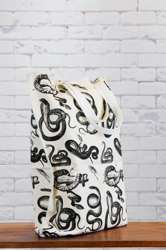 XL Tote Bag | Snakes - bag, beach bag, black and white, canvas, canvas tote, drawing, hand printed, Large, laundry bag, nature, rattlesnake, Shopper, snake, snakes, Tote, tote bag, travel, XL tote - Wander Emporium