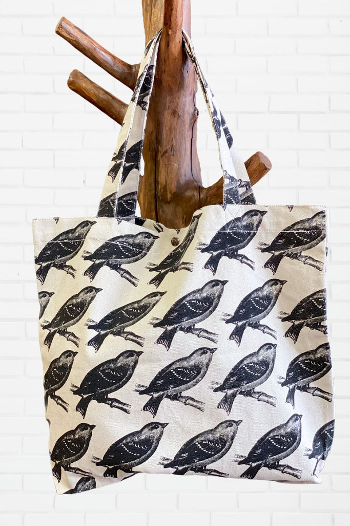 Shopper Bag | Warblers - bag, beach bag, bird, birds, black and white, drawing, hand printed, Shopper, snap button, Tote, tote bag, travel, warbler, warblers - Wander Emporium